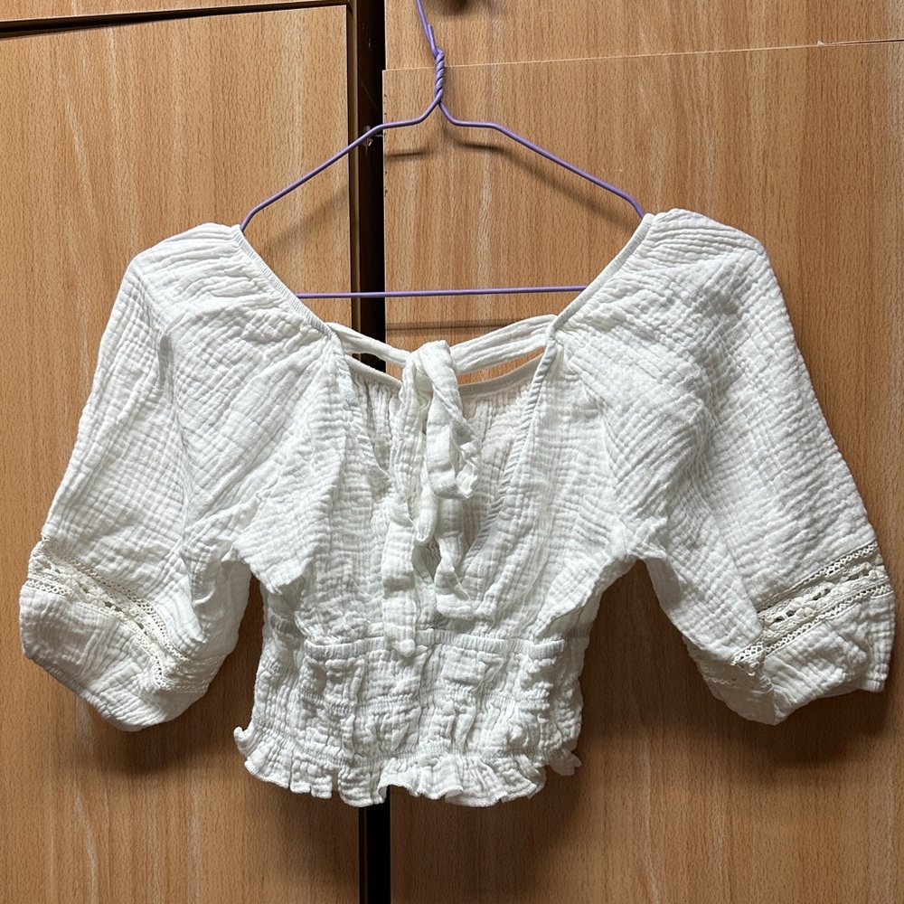 Altar'd State Cream Textured Blouse with Lace Detail - Picture 3 of 5